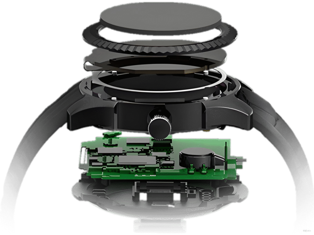 Cross-section of the intricate internal structure of a smartwatch