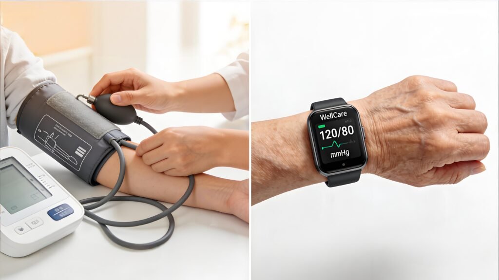 Traditional blood pressure monitor vs WellCare blood pressure smartwatch comparison