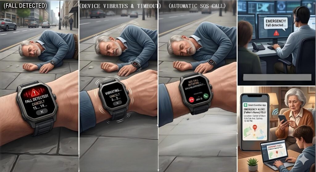 A multi-panel illustration showing a smartwatch's fall detection sequence: identifying an unconscious user, triggering a vibration alert with a countdown, auto-dialing SOS emergency services, and sending GPS location notifications to family guardians.