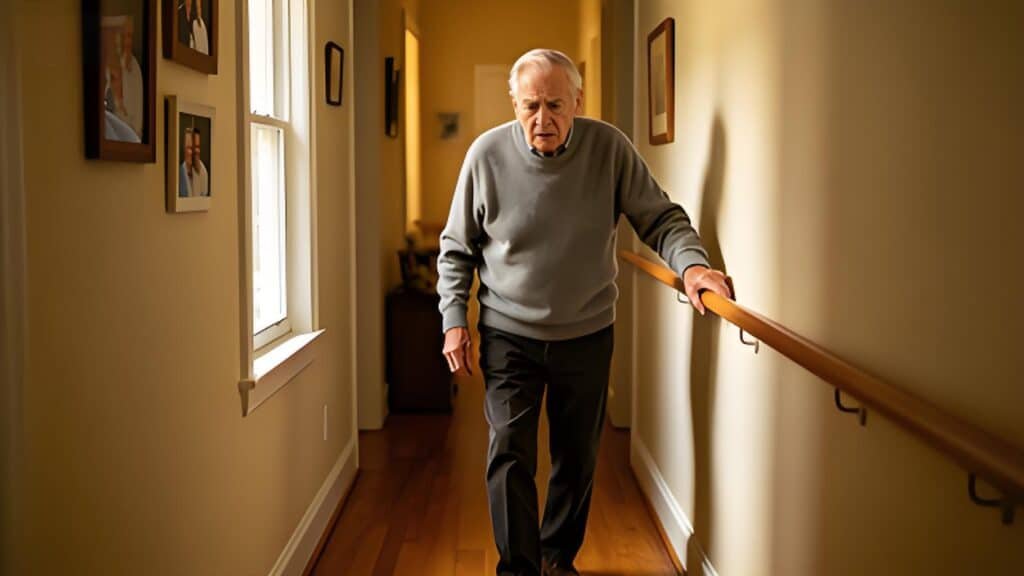 Senior citizen at risk of falling in bathroom, highlighting the importance of fall detection watch for elderly safety at home
