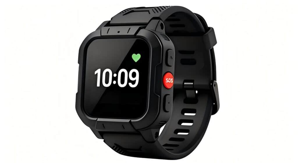 Close-up of a fall detection smartwatch on a wrist showing health monitoring interface and emergency alert features