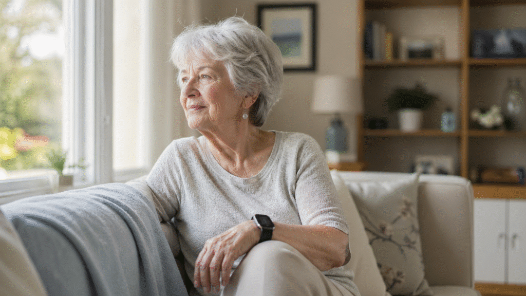 An elderly person wearing a fall detection watch at home, sitting alone in a living room, representing personal safety monitoring