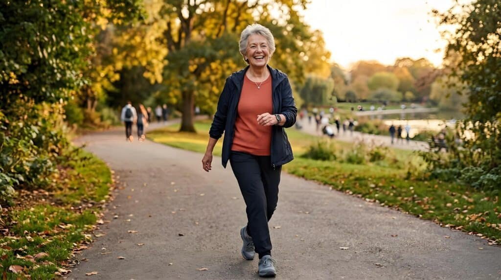 Elderly woman smiling confidently while wearing a fall detection smartwatch outdoors, representing independence and safety for seniors