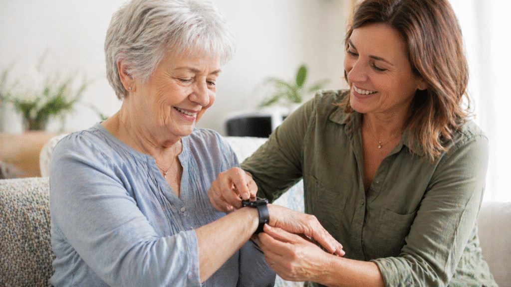 Adult child helping elderly parents put on a fall detection smartwatch, showing family care and senior safety technology