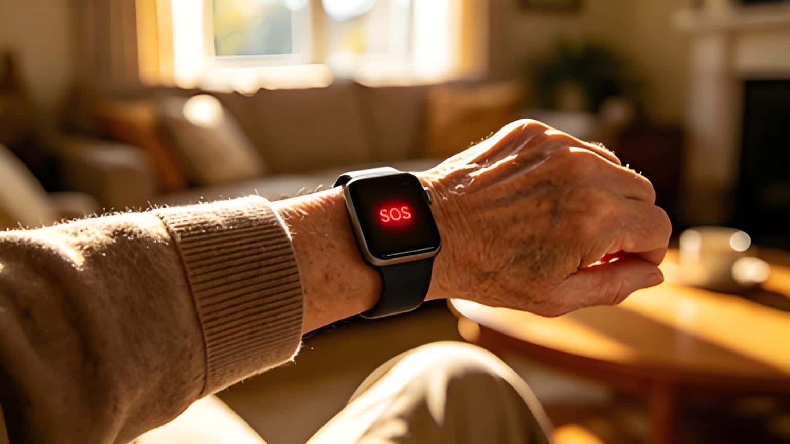 A senior person wearing a modern smartwatch with fall detection technology in a home setting.