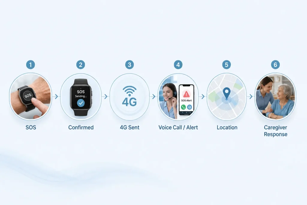 4G LTE elderly safety watch alert and location workflow