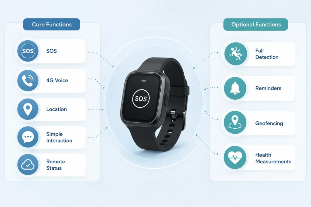 Core and optional functions of an elderly safety watch