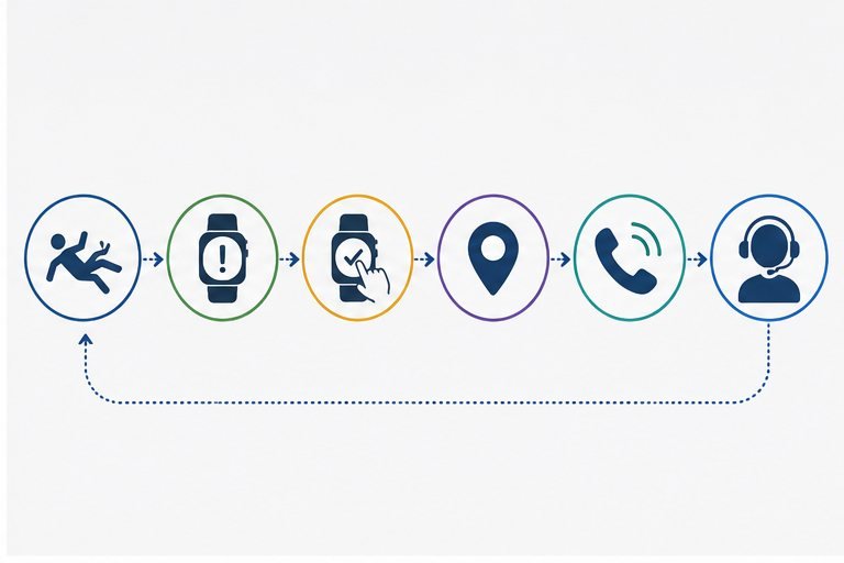 Fall detection watch alert and caregiver response workflow