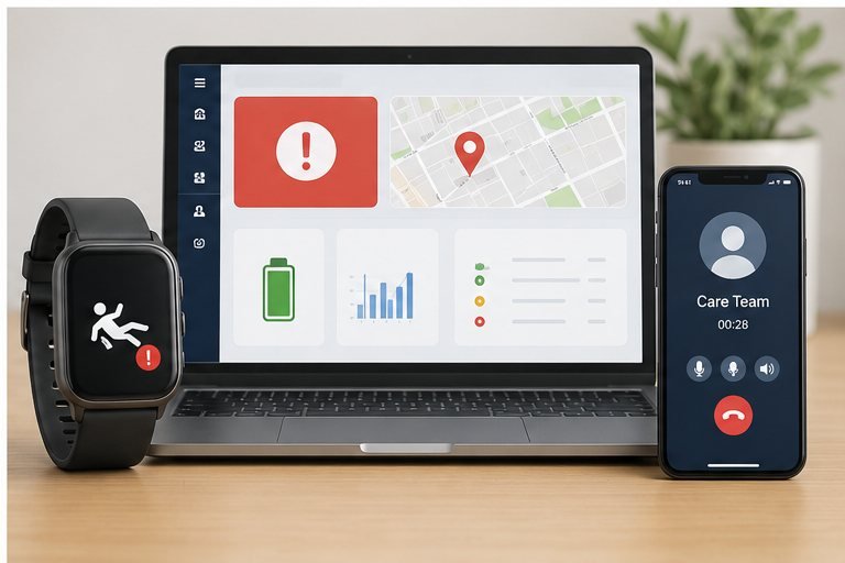Fall detection watch connected to a telecare monitoring platform