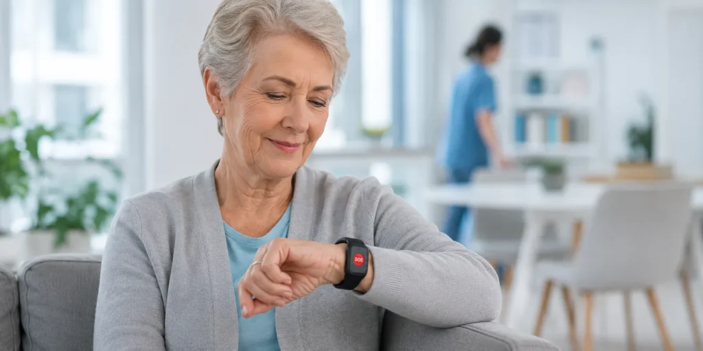 Elderly wearer using an SOS smart watch in a professional safety program