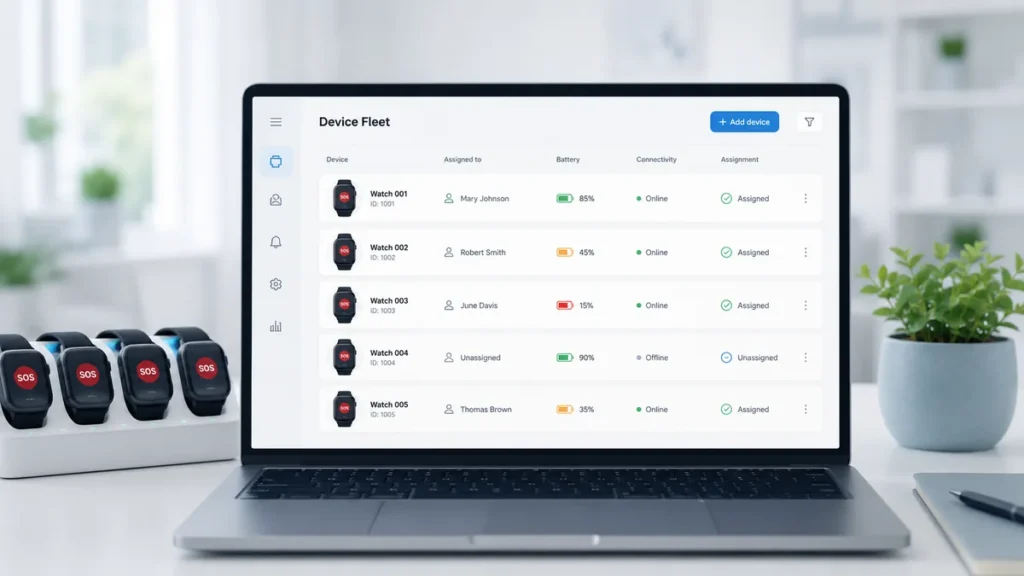 SOS smartwatch battery and fleet management dashboard