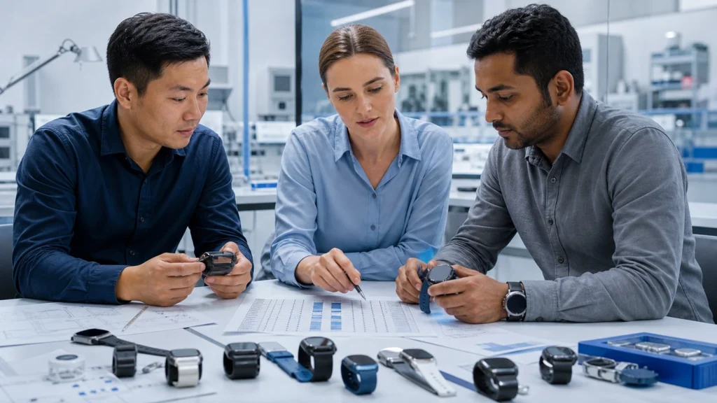 Team planning a health monitoring wearable development project.