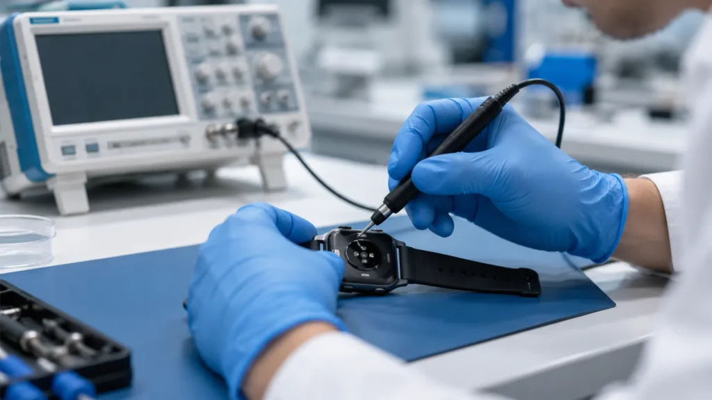 Engineer evaluating wearable health monitor sensors