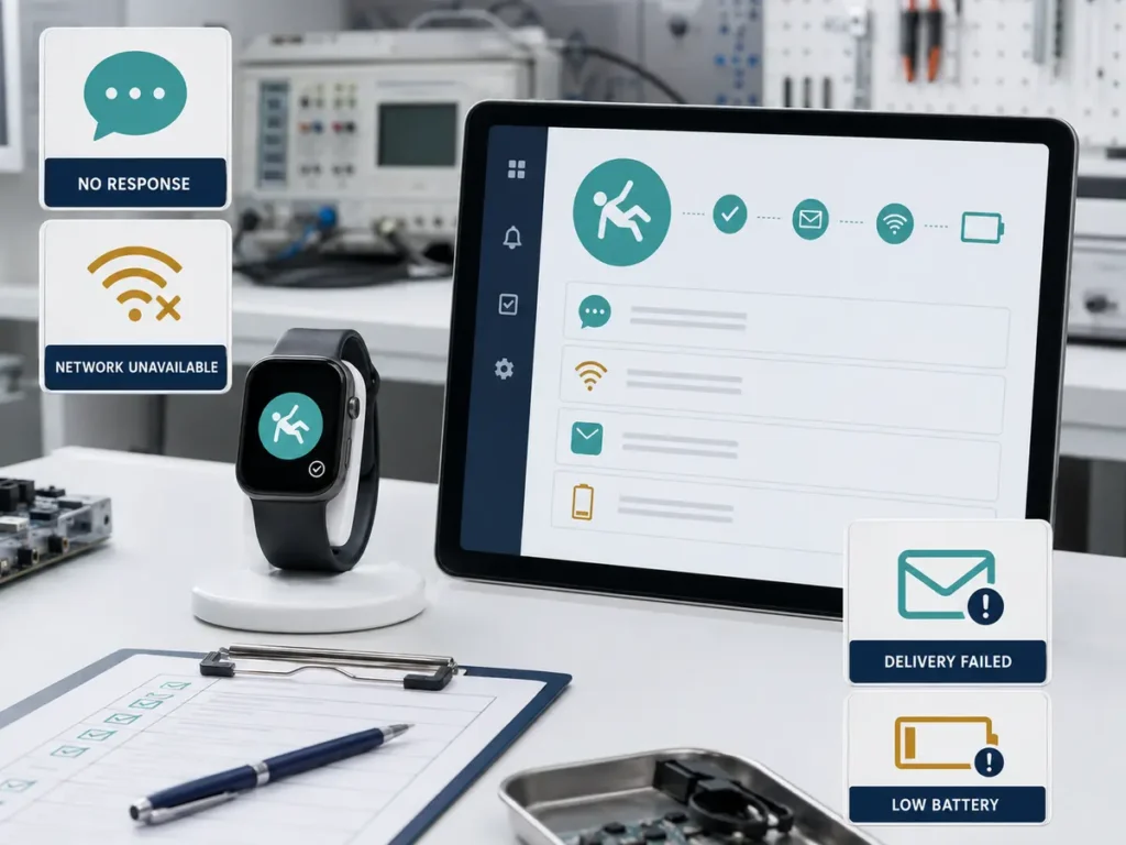Testing fall detection alert exception paths across a watch and monitoring platform