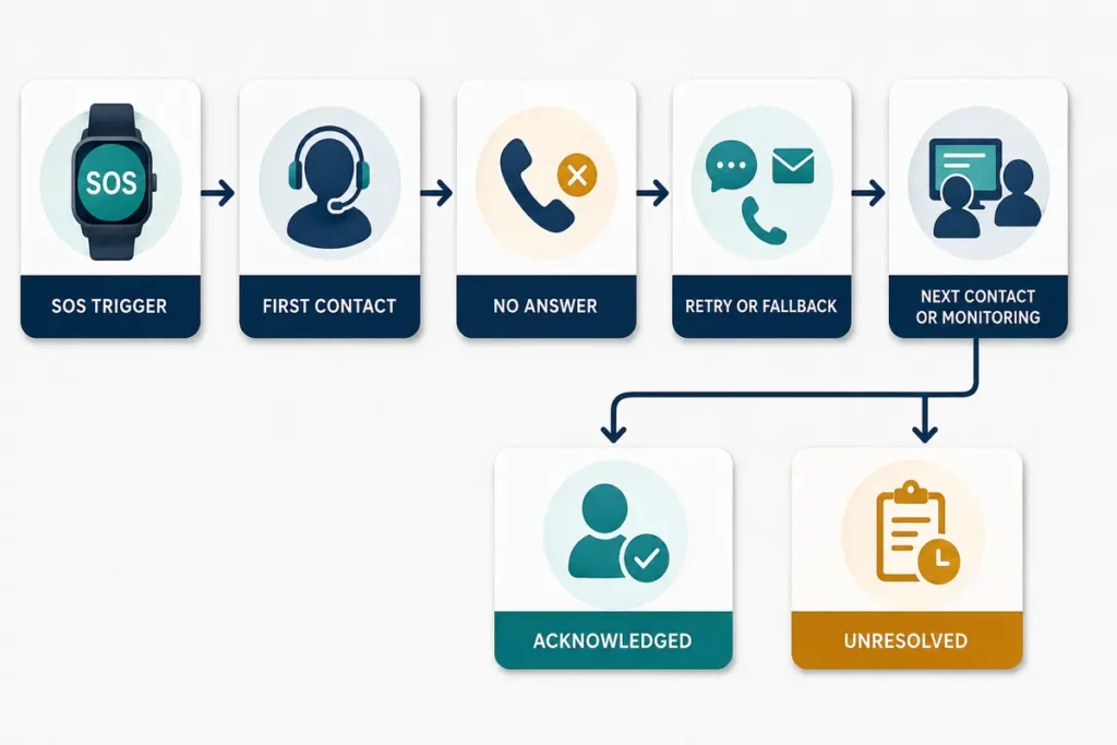 Smart watch SOS contact escalation workflow
