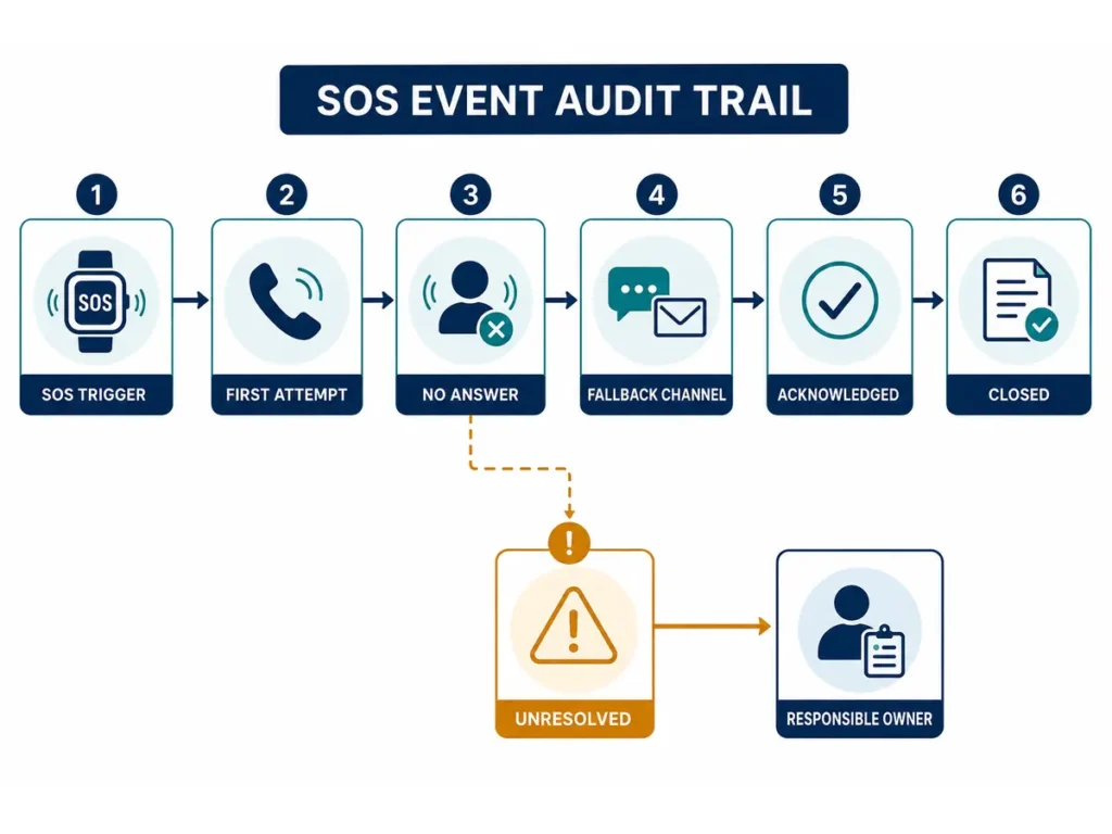 Smart watch SOS escalation audit trail from trigger to closure