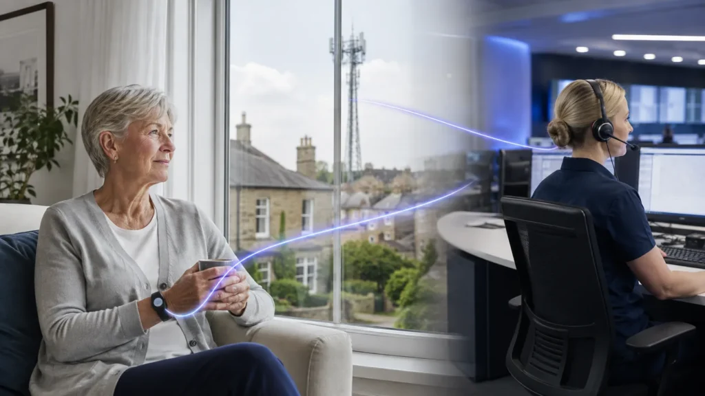 Older adult wearing a telecare watch connected through a digital network to a monitoring centre