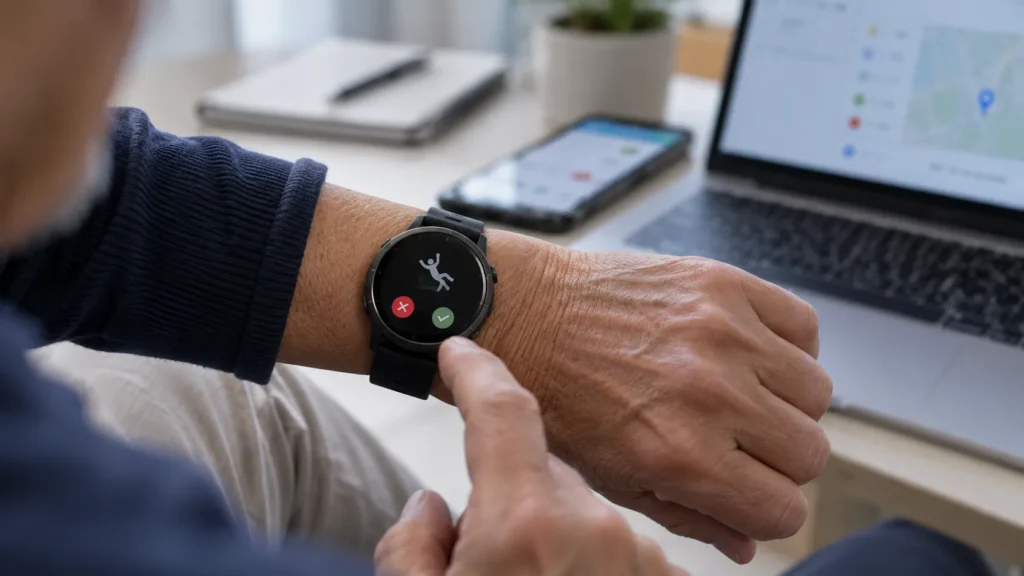 Local fall detection and remote alert connectivity test