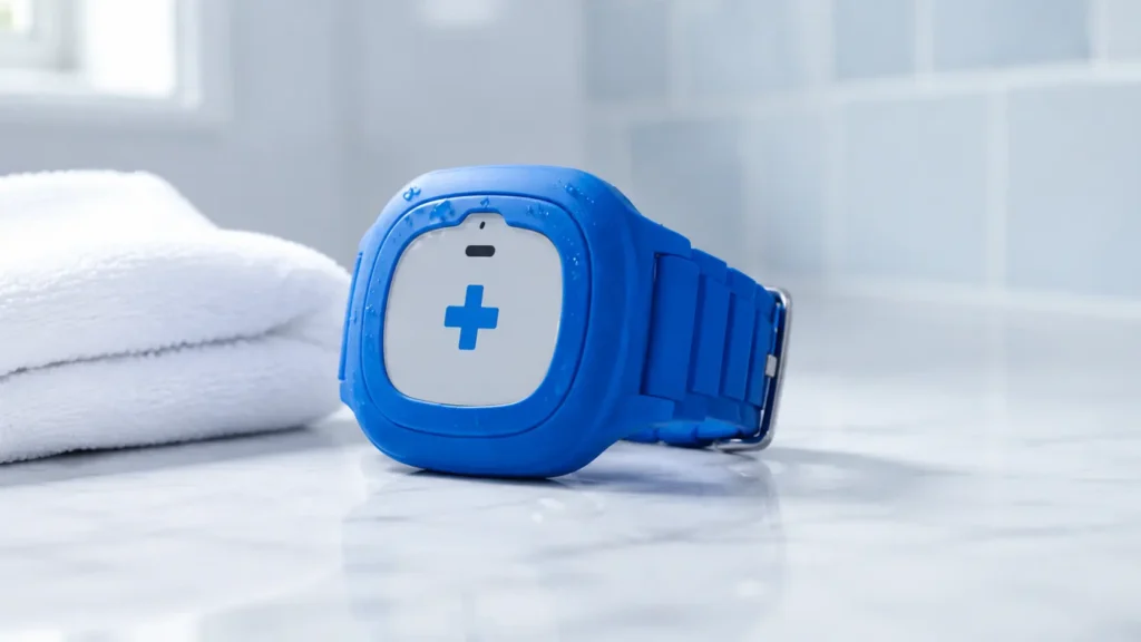 Water-resistant medical alert watch with visible water droplets