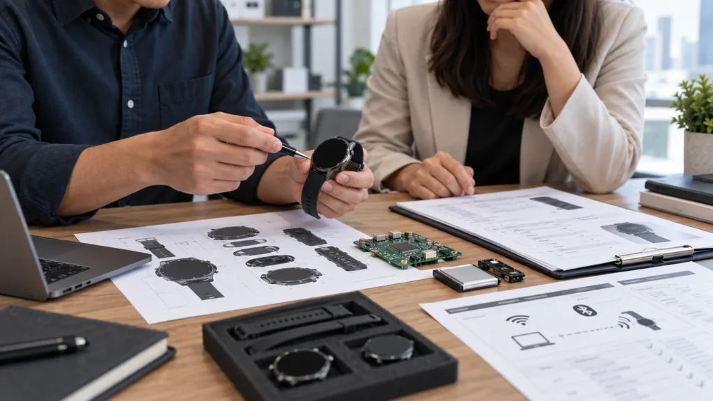 Engineer reviewing smartwatch configuration and compliance requirements