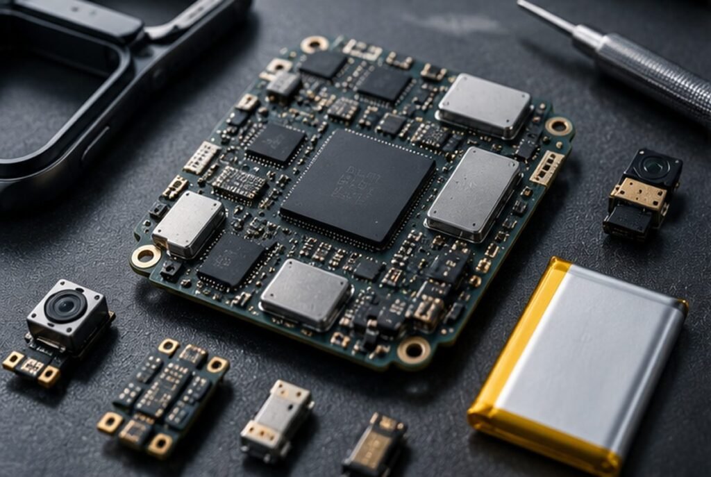 Smartwatch system architecture connecting processor display sensors connectivity battery and PCB