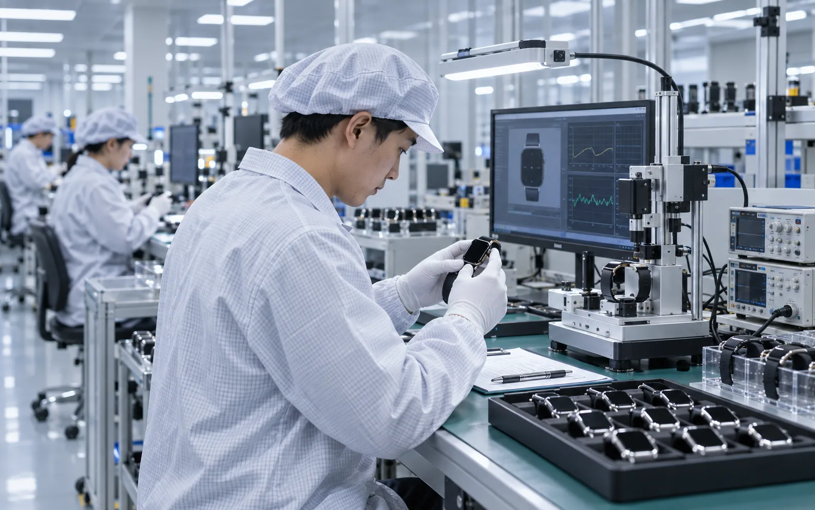 Smartwatch quality inspection at WearIntell factory