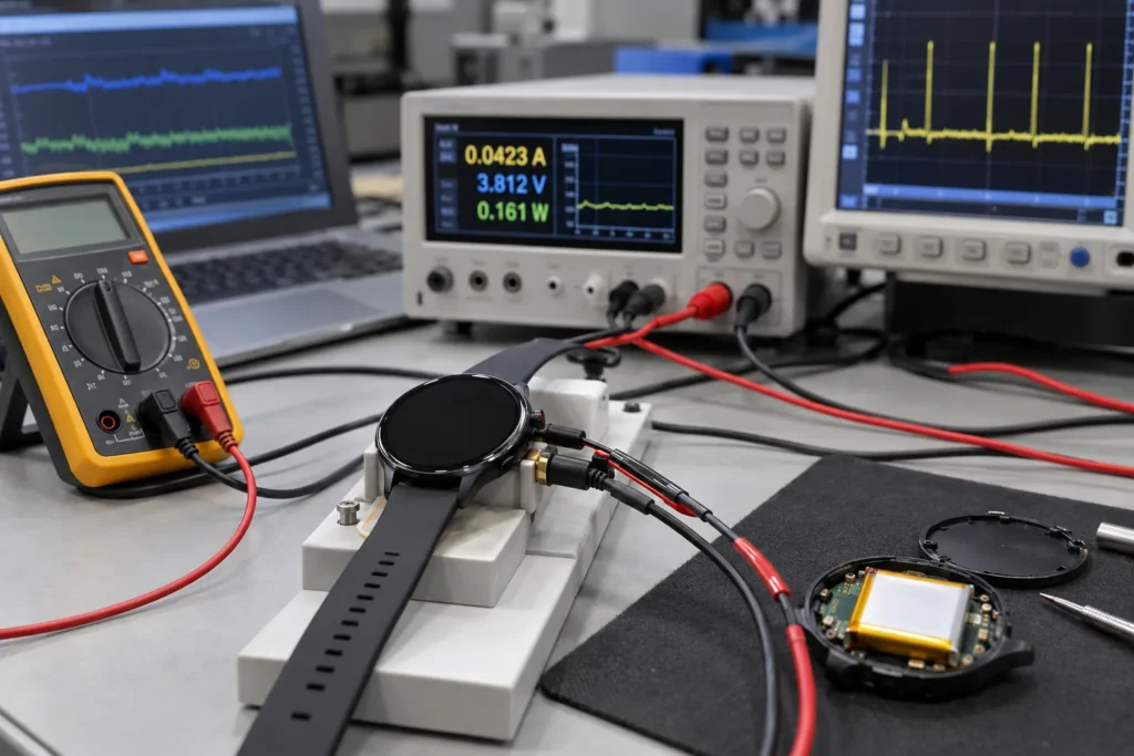 Smartwatch connected to power measurement instruments on a laboratory bench