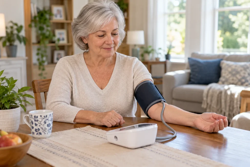 Woman using an upper-arm blood pressure cuff with a monitor at home