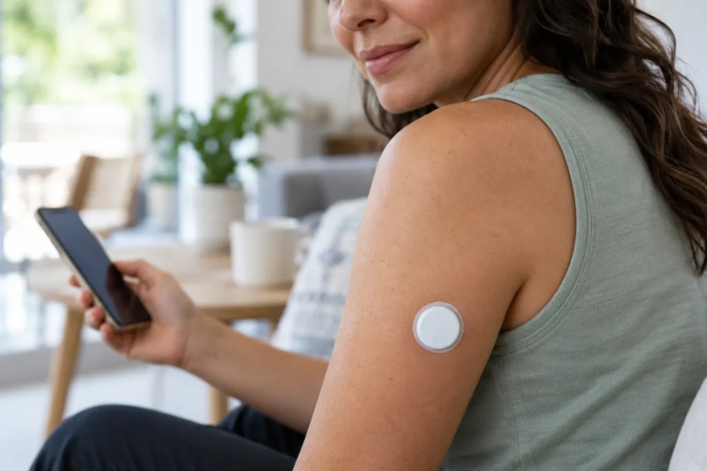 Woman wearing a glucose sensor on her upper arm while holding a smartphone
