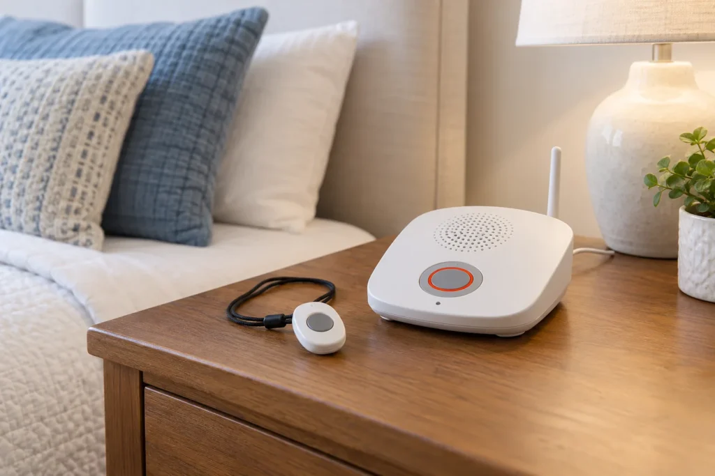Home alert base station and wearable help-button pendant on a side table
