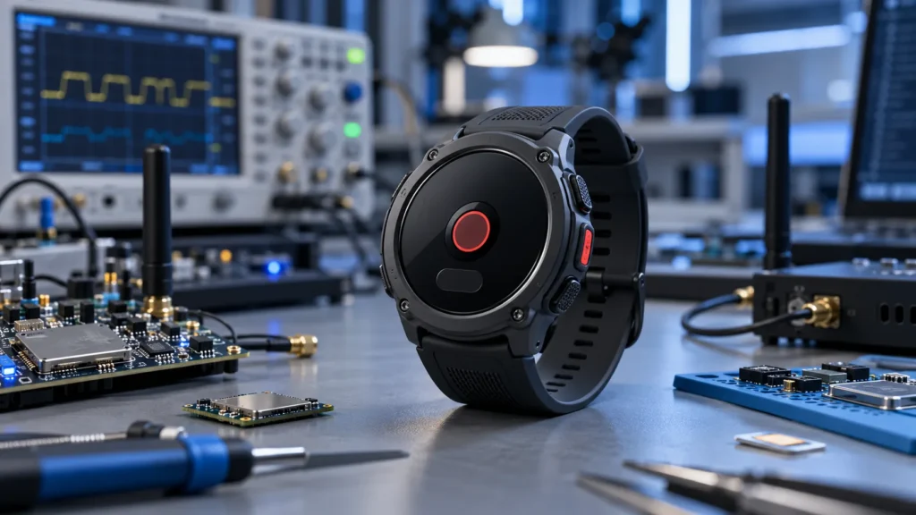 Safety smartwatch and cellular modules on an electronics workbench