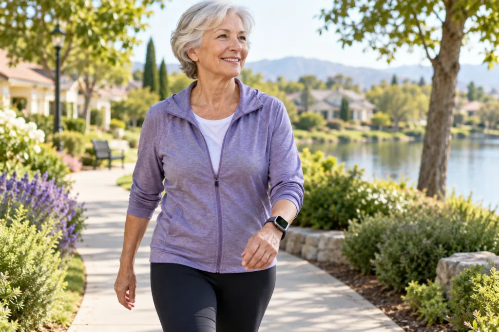 Woman wearing a smartwatch while walking outdoors