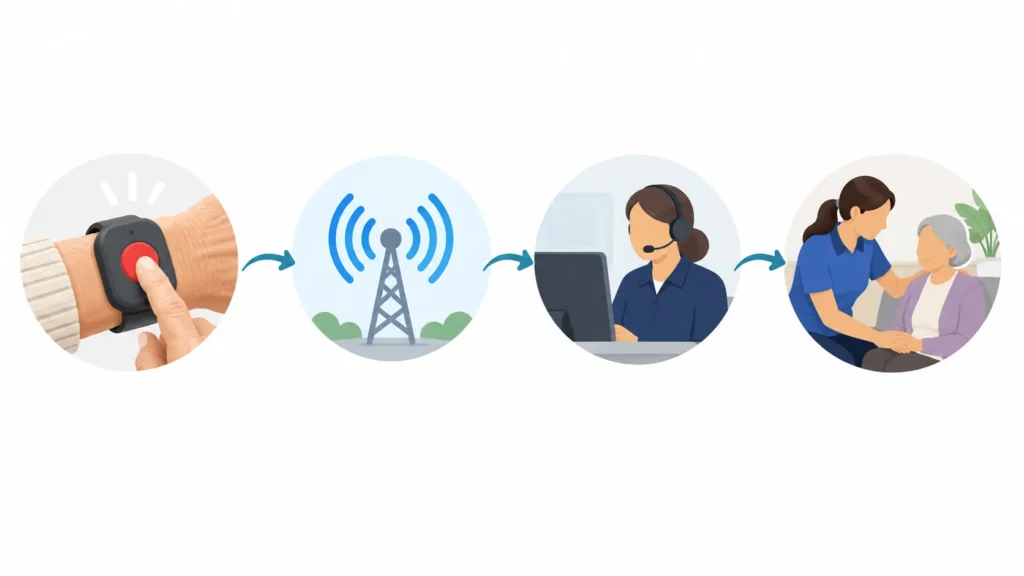 Illustrated example of a help-button request passing through a network to a responder and assistance