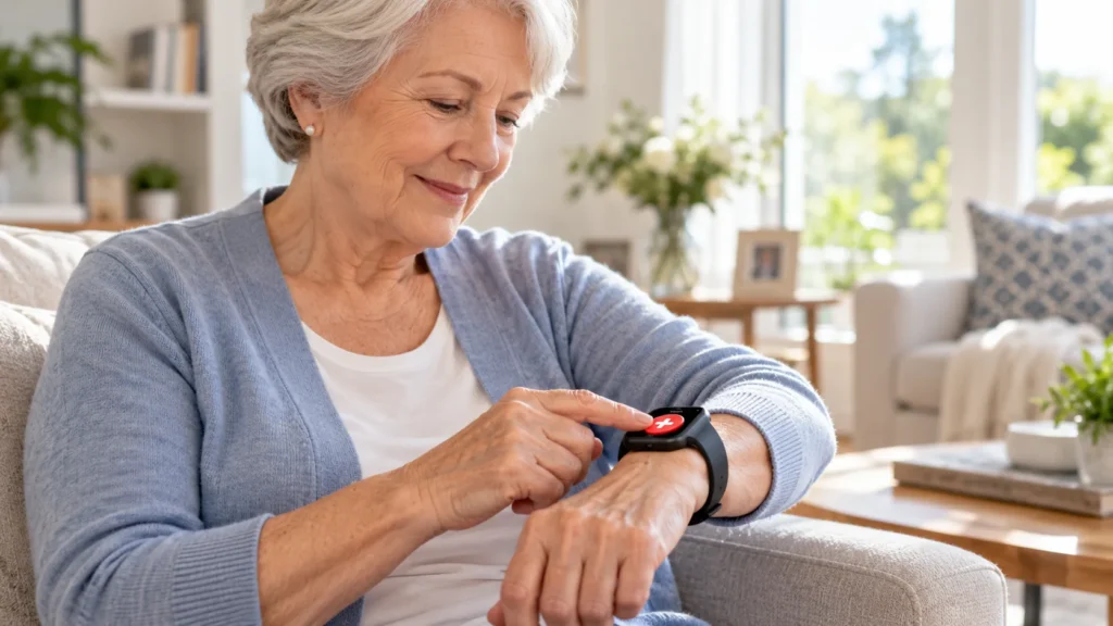 Woman pressing the help button on a wrist-worn alert device at home