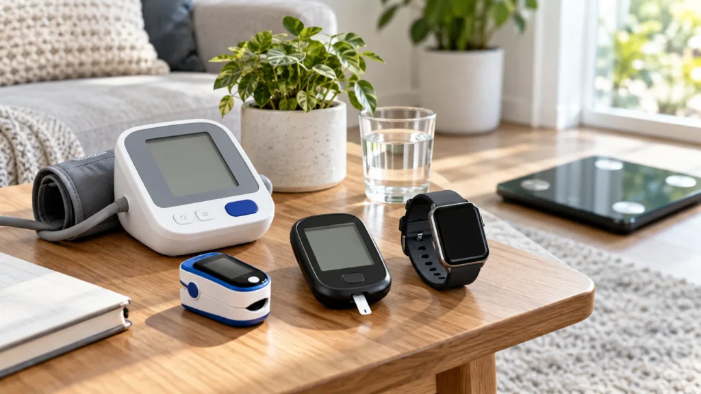 Blood pressure cuff, pulse oximeter, glucose meter and smartwatch arranged on a table