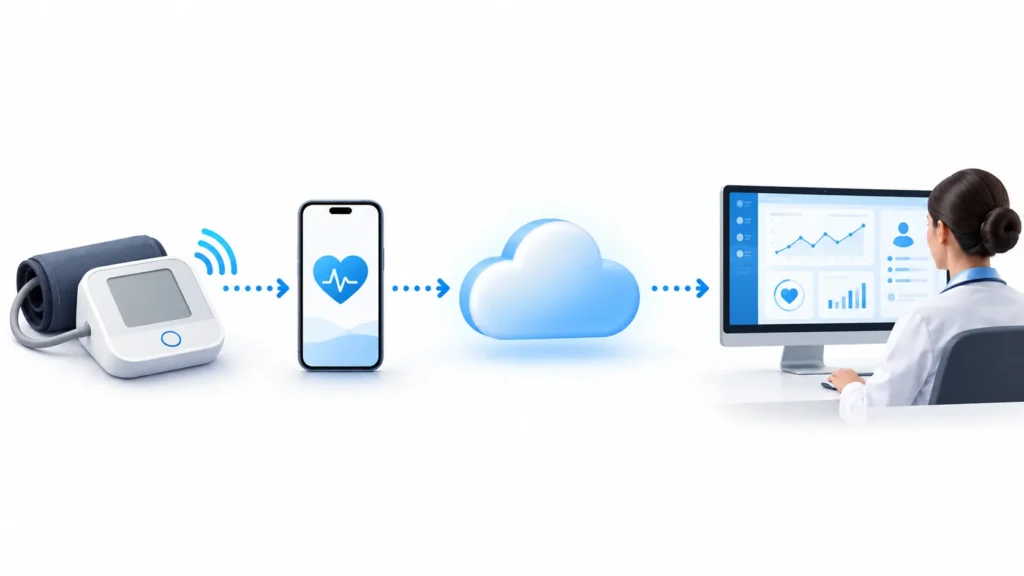 Illustrated example of a cuff reading passing through a smartphone and cloud to a care-team dashboard