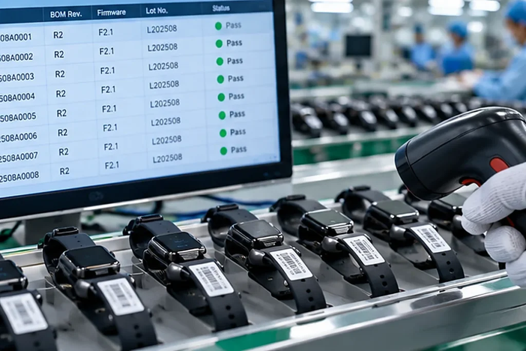 Smartwatches with serial labels being checked during production traceability inspection