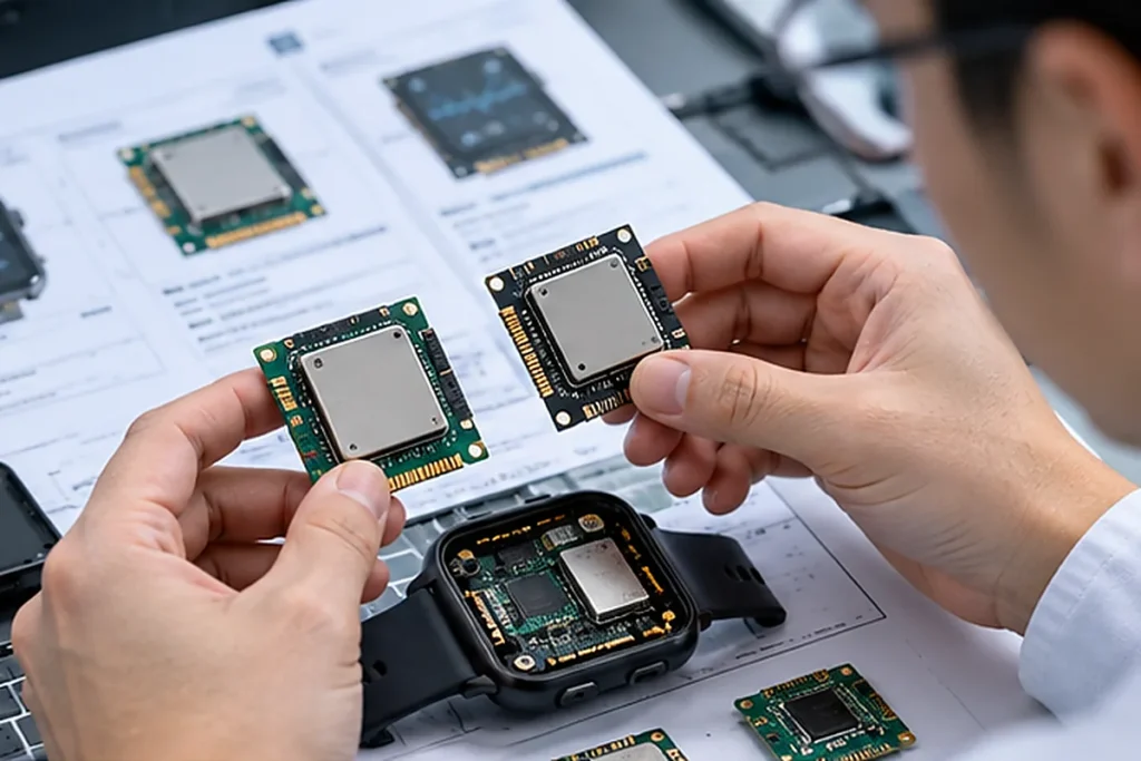Engineer comparing replacement electronic modules for smartwatch component change review