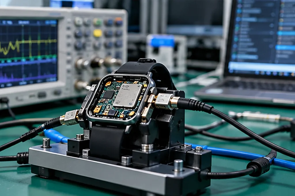 Smartwatch engineering sample undergoing electronic validation testing after a component change