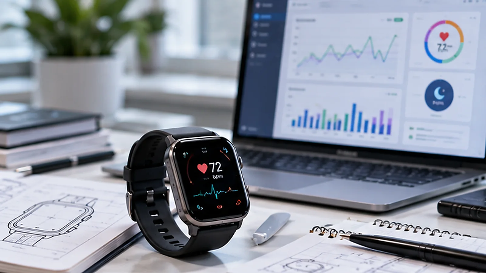 Wearable product team reviewing smartwatch intended use, engineering drawings and development requirements