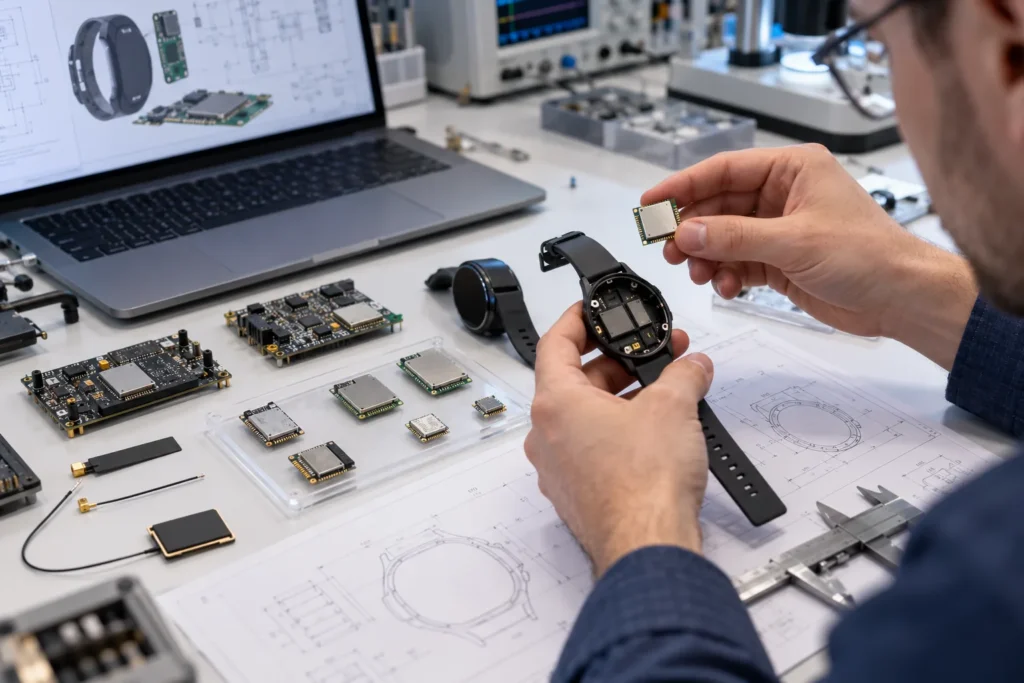 Engineer examining an open smartwatch case and a small electronic module