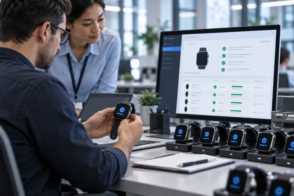 Deployment team checking smartwatch fleet readiness and enrollment status before rollout