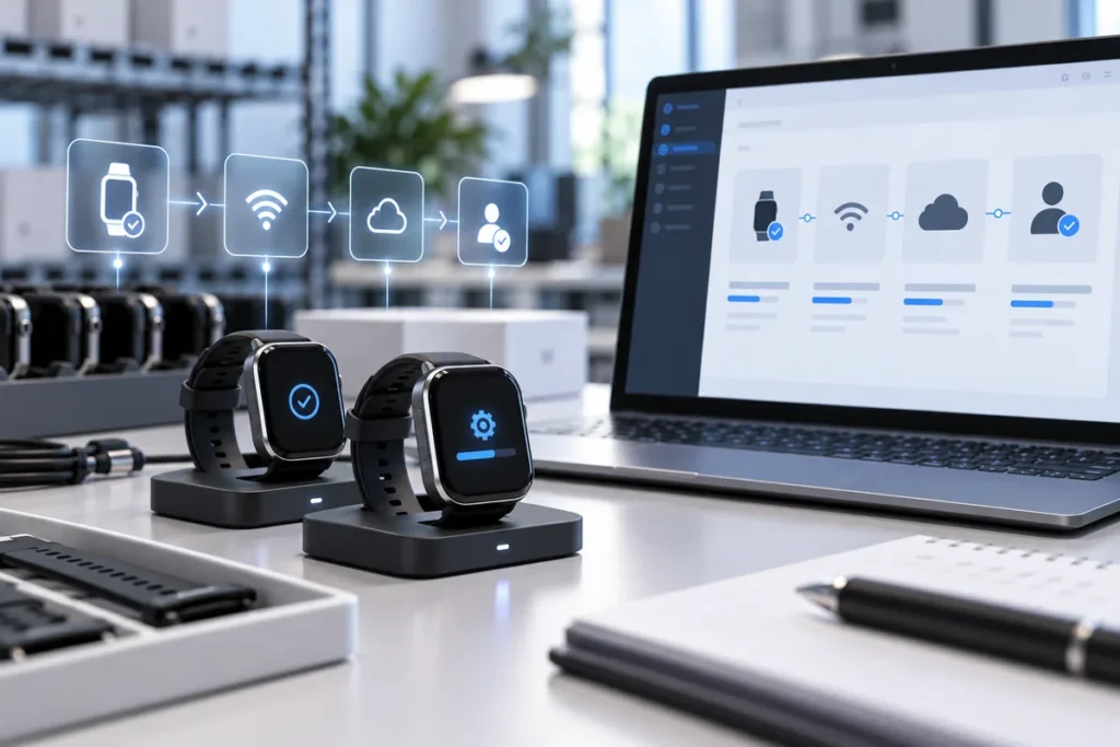 Wearable device onboarding illustration showing device identity, connection, platform enrollment and user assignment