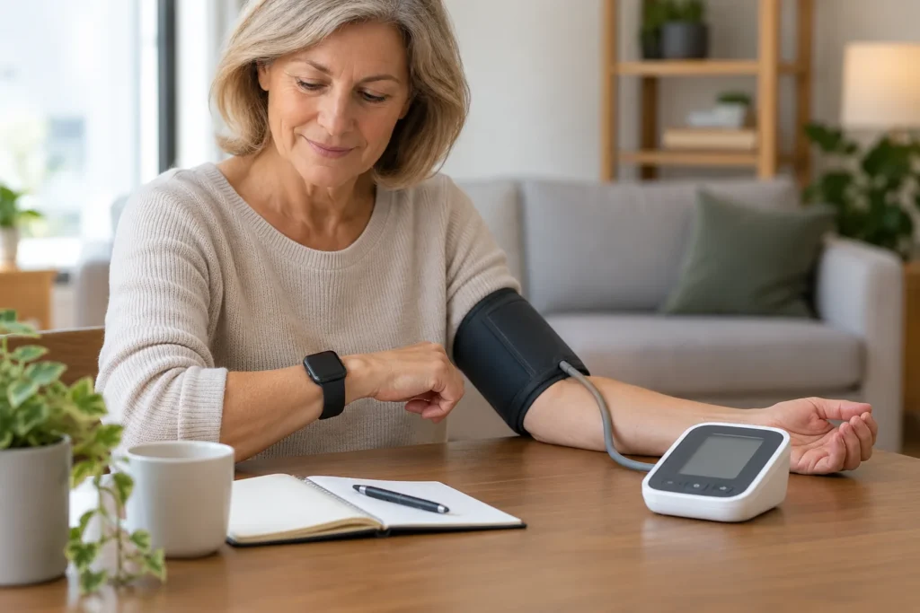 Woman wearing a smartwatch while using a separate upper-arm blood pressure cuff