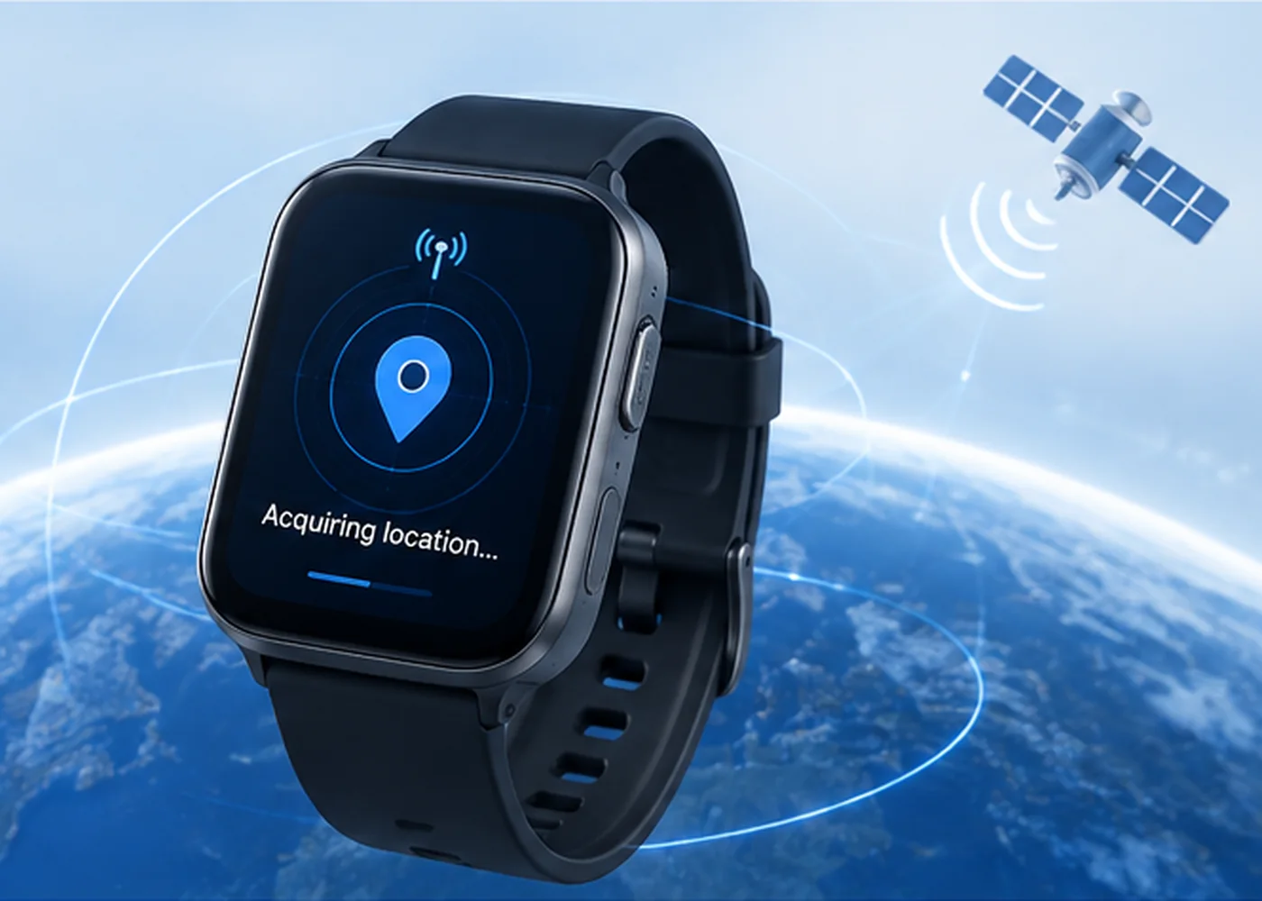 Concept illustration of a smartwatch requesting a GNSS location fix