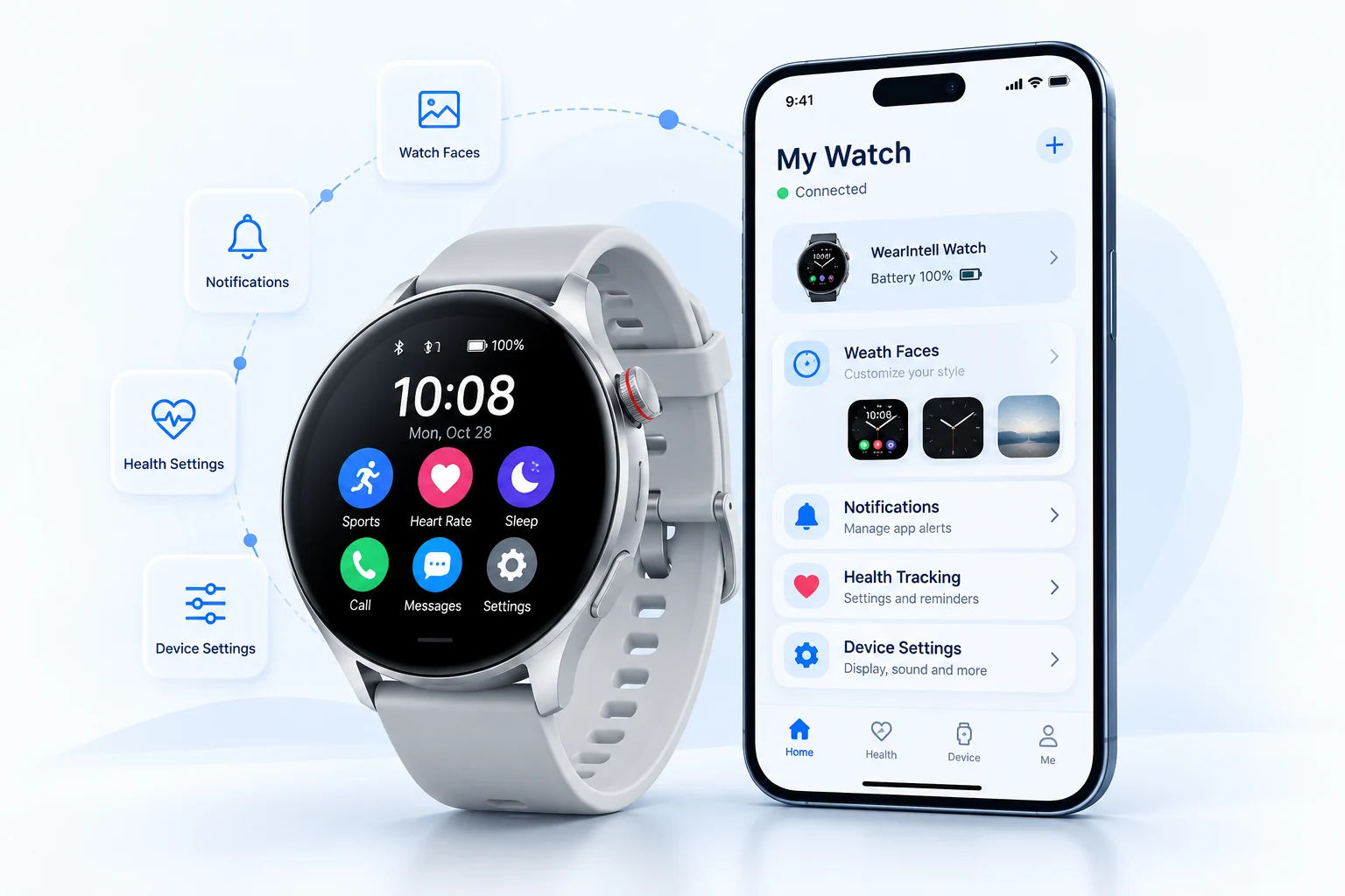 Concept illustration of smartwatch UI customization and companion mobile app settings