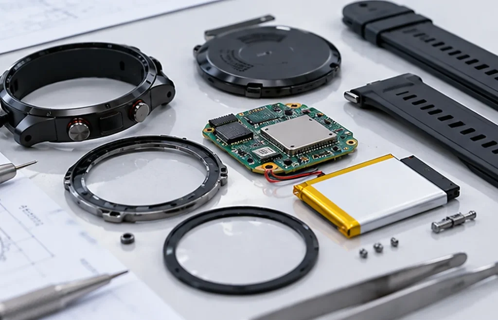 Technician inspecting smartwatch enclosure and sealing components during DVT