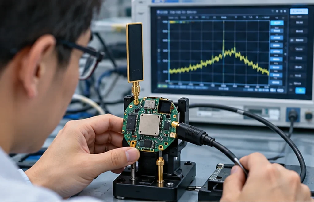 Engineer testing smartwatch prototype electronics and antenna performance during EVT
