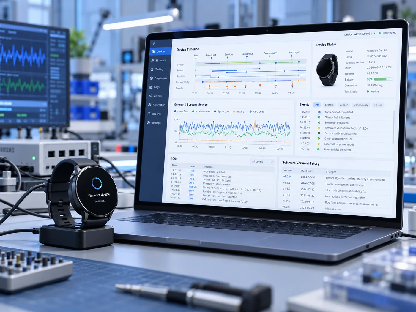 Concept illustration of a connected smartwatch and firmware diagnostics workstation