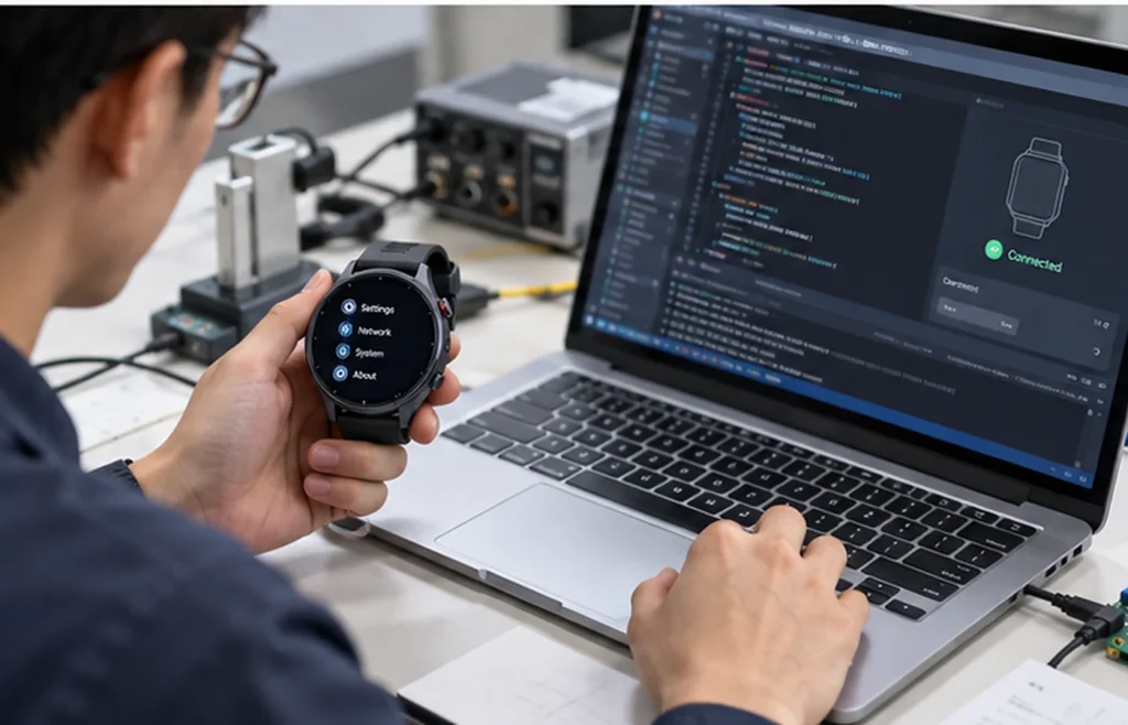 Engineer reviewing smartwatch software integration and device compatibility